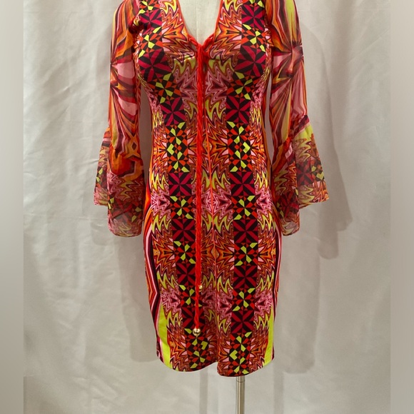 Analili Geometric Print Mini Dress Sheer Bell Sleeve Colorful Party Cocktail XS - Picture 1 of 8